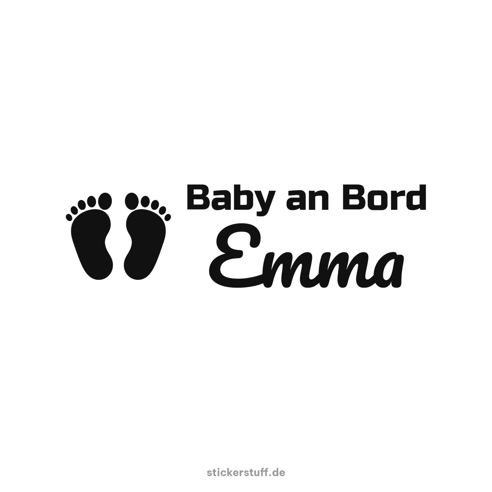 Baby an Bord Plottsticker mit Wunschname in Schwarz auf weißem Hintergrund