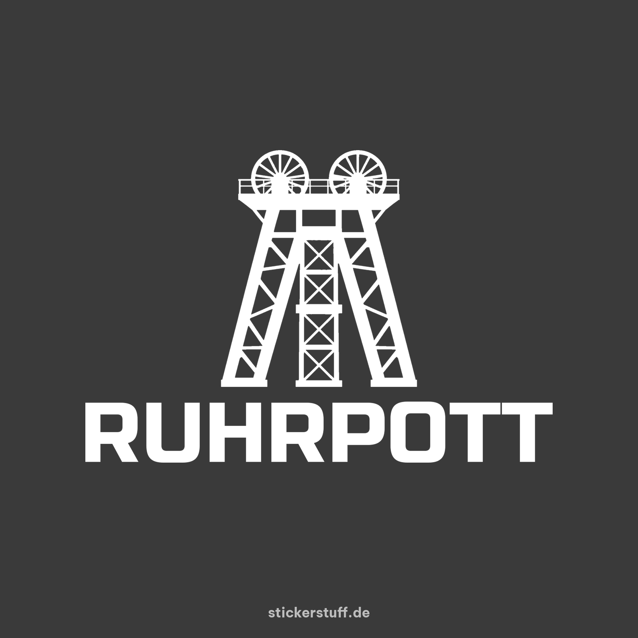 Ruhrpott Plottsticker mit Förderturm in Weiß auf dunkelgrauem Hintergrund