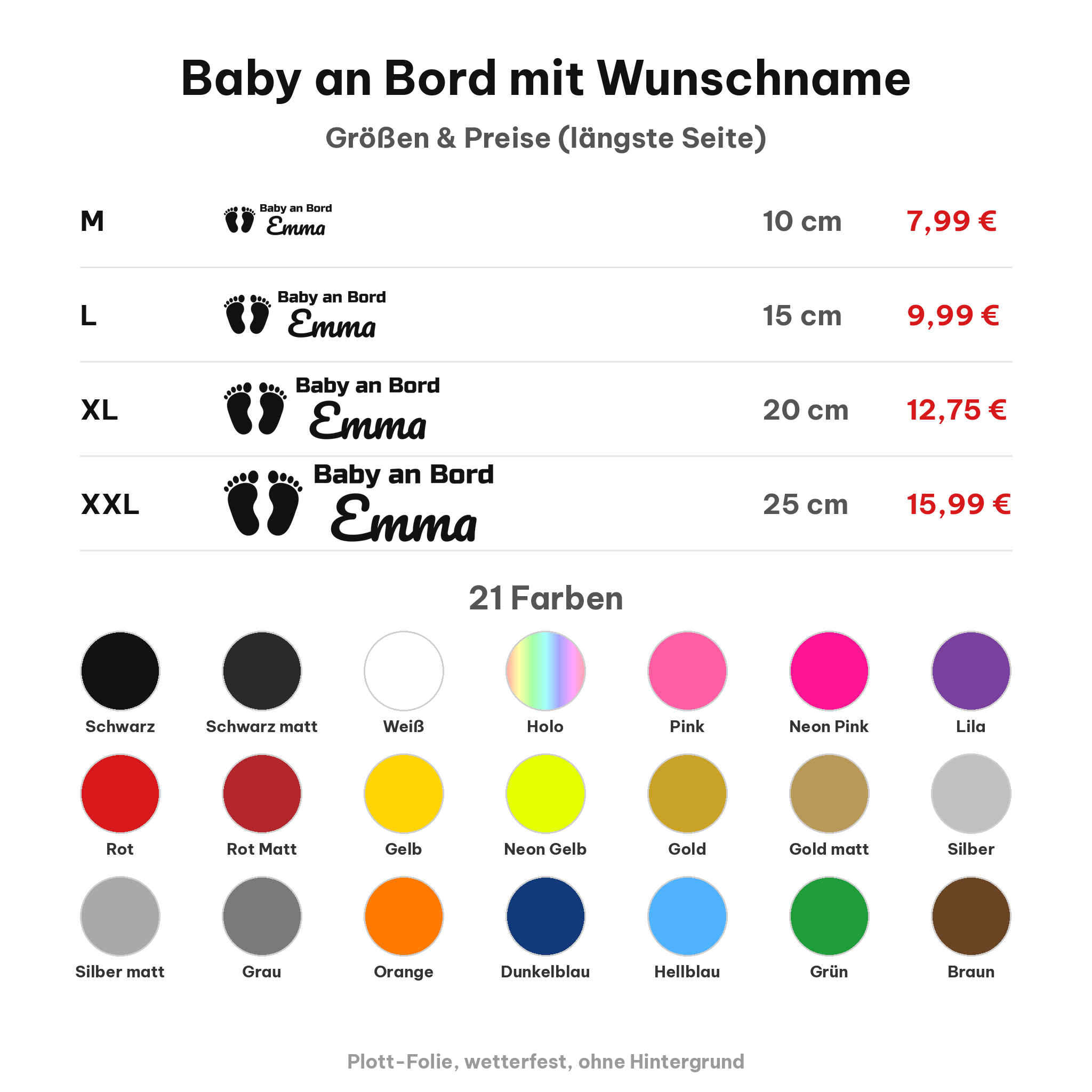 Baby an Bord Plottsticker mit Wunschname – Größen, Preise und 21 Folienfarben im Überblick