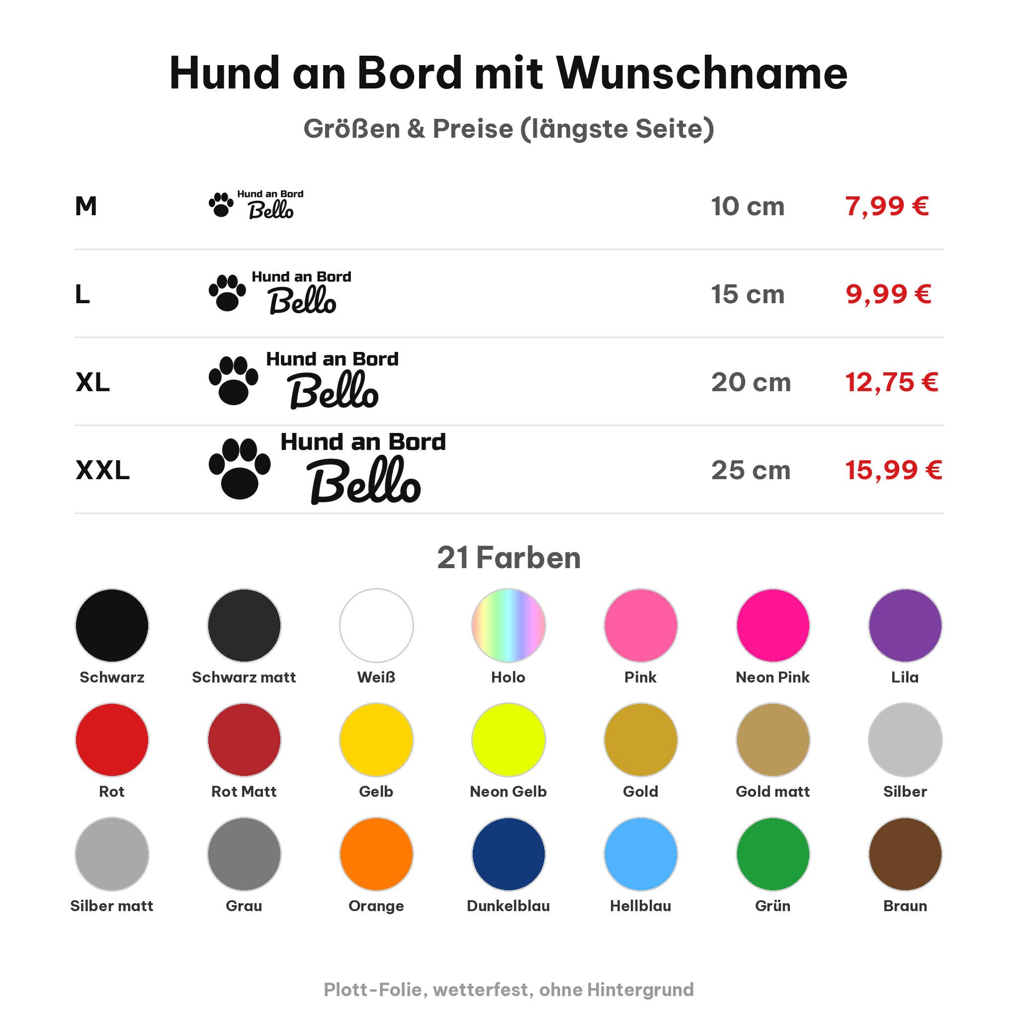 Hund an Bord Plottsticker mit Wunschname – Größen, Preise und 21 Folienfarben im Überblick