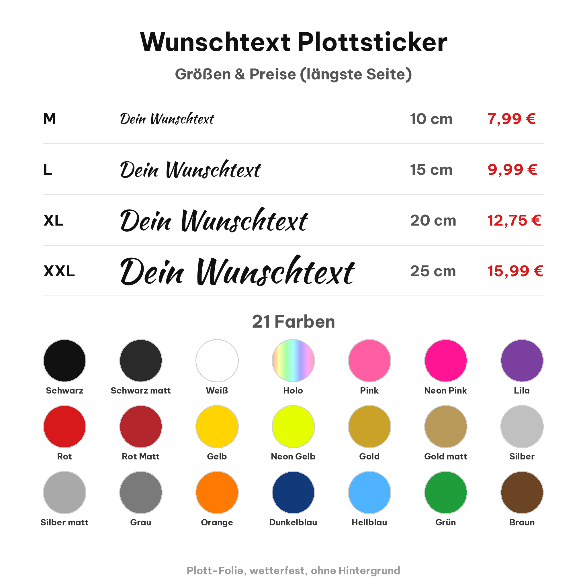 Wunschtext Plottsticker – Größen, Preise und 21 Folienfarben im Überblick